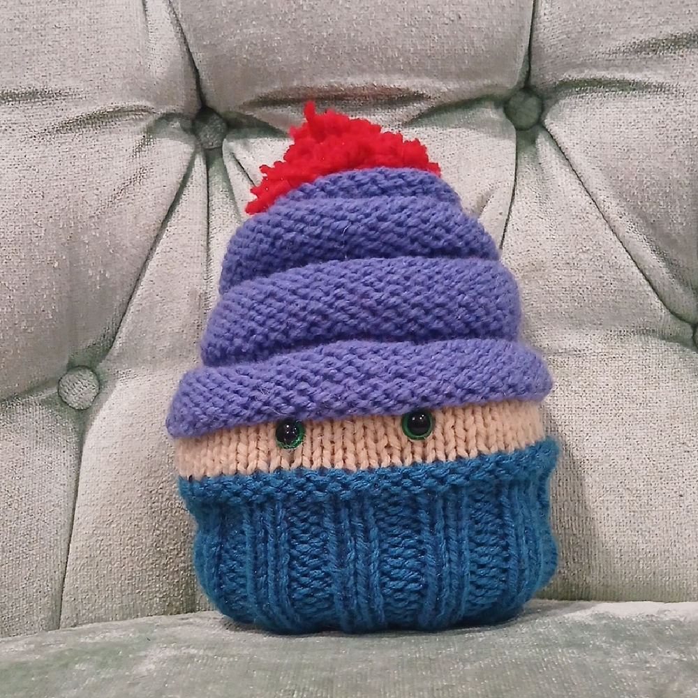 Hand-Knit "Cupcake Monster" Plush - Sparkly Cherry & Sensory Texture - One of a